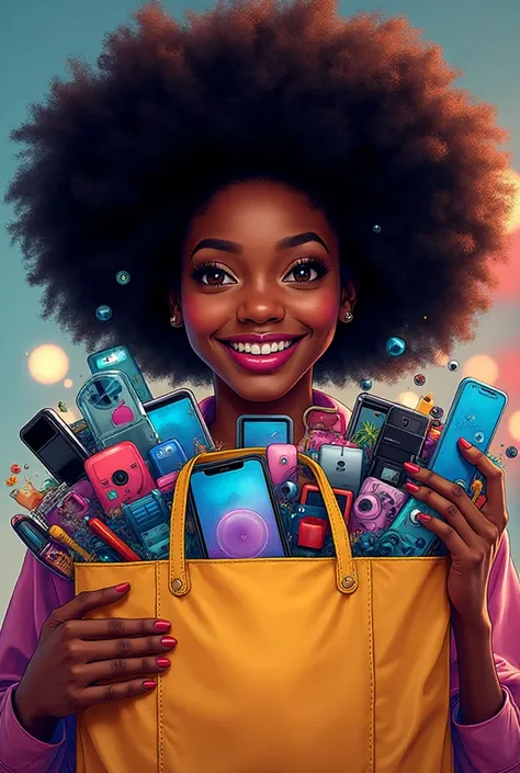 un afro qui tient un shopping bag ouvert devant son visage rempli avec plein de gadgest lectroniques et souriant