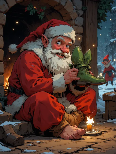 Santa Claus sits barefoot at the foot of a fireplace, getting ready to go out. He holds a pair of small elf shoes in his hands: ...