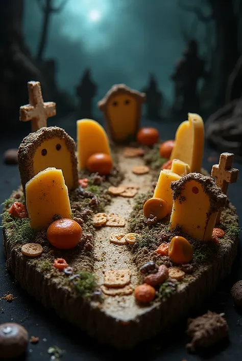 A spooky Halloween charcuterie board shaped like a graveyard, 2025. Cheese "tombstones," cracker "paths," olive "eyeballs," crea...