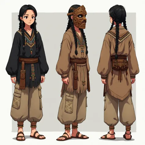 Male character anime style in full body, with multiple views: in front, in profile and foreground of the face. Her hair is long ...