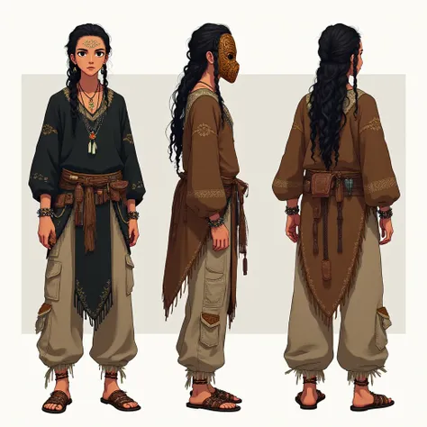 Male character anime style in full body, with multiple views: in front, in profile and foreground of the face. Her hair is long ...