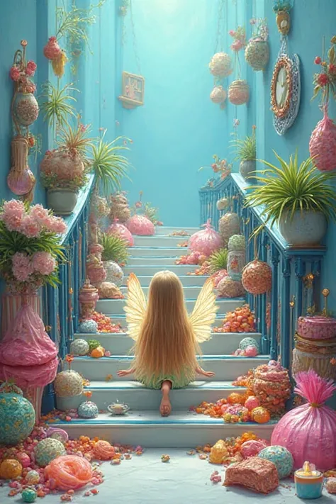  real photos。realistic。 junk food sweets and toys painted on a light blue background ,  Little Fairy Girl with Wings Sitting on ...
