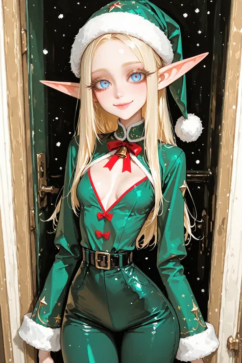 1 girl, Santa's elf, (((petite))), ((cute)), (extremely skinny), cute smile,  blonde hair, blue eyes, green pants, green top, li...