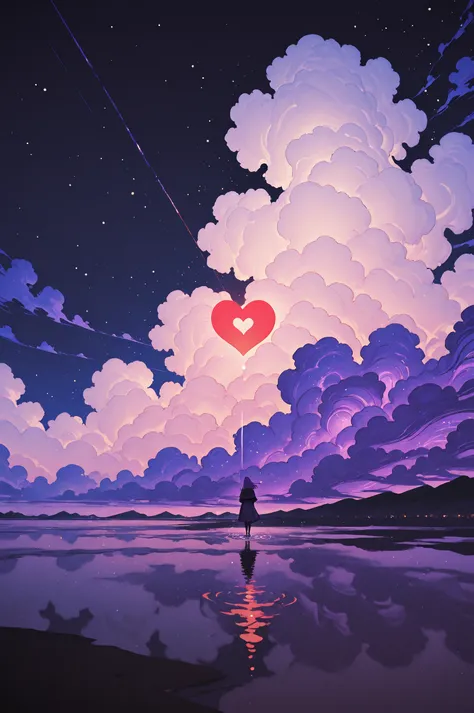 Deep Blue and Purple Night Sky、Flowing clouds of light and wave effects、Particles of light reflecting on the seaside、A letter wi...