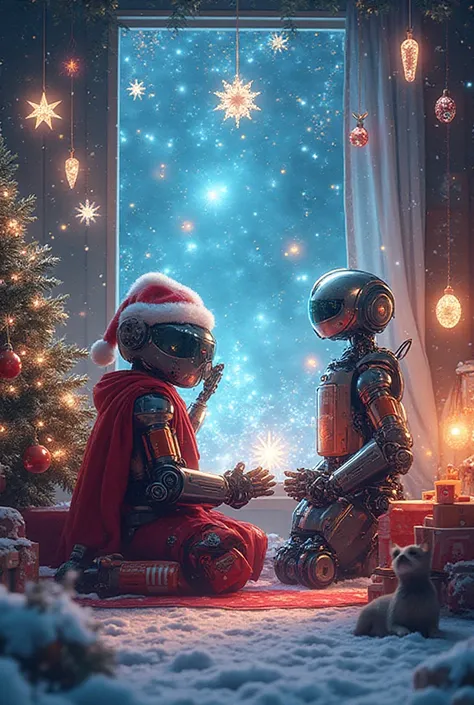 -Create a colorful, joyful, and striking illustration depicting Christmas or New Year in the distant future with robots.
-A fut...