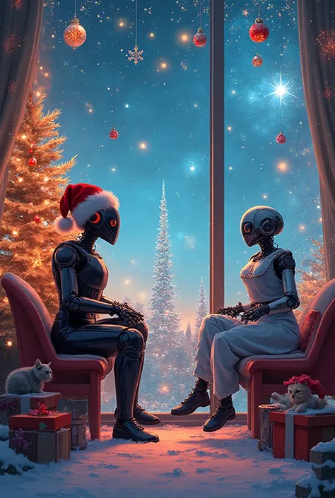-Create a colorful, joyful, and striking illustration depicting Christmas or New Year in the distant future with robots.
-A fut...