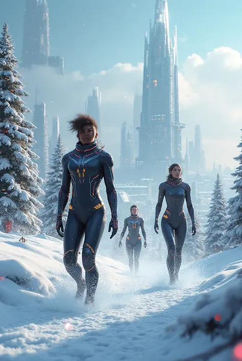 create christmas card from the future, insigned , interesting with people snow etc.