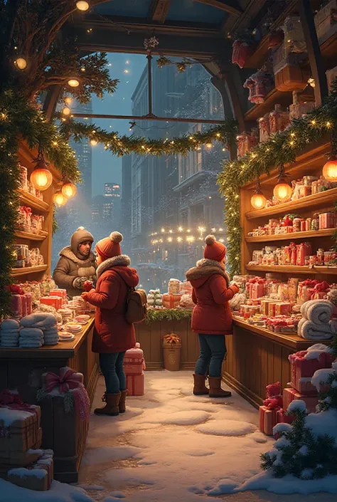 Winter gift shop, filled with cozy goods, Christmas toys, there are warm blankets and gift boxes on the shelves, a big city outs...