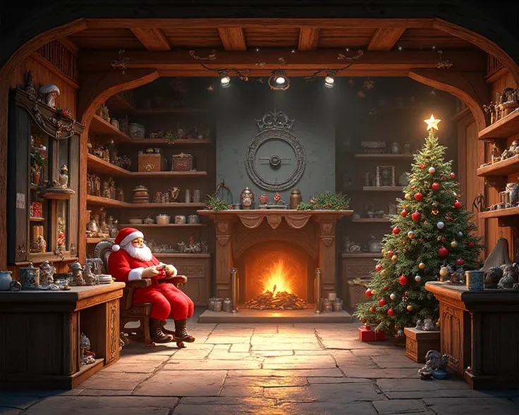 screen, create Santa Claus's horizontal workshop room, No characters, a clean high-res room for on-screen content, there must be...