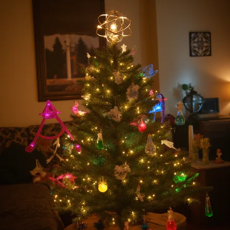 A cozy, magical Christmas tree in a warm room. The tree is decorated with delicate white paper airplanes and tiny intricate pape...