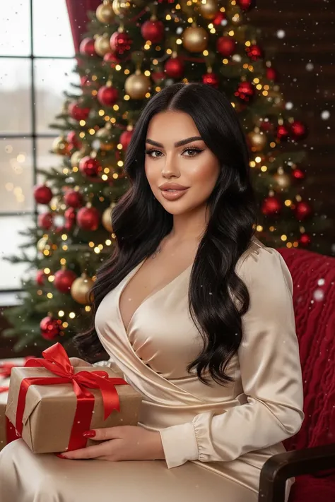 Ultra-realistic Christmas portrait of the same beautiful woman from the reference: long, dark brunette hair with soft, loose wav...