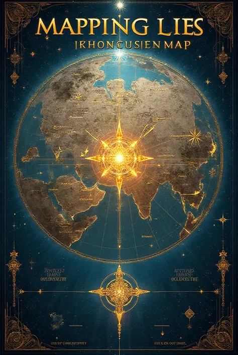 Breathtaking abstract anime light novel cover with sci-fi fantasy world-building, title "MAPPING LIES" in large ornate golden 3D...