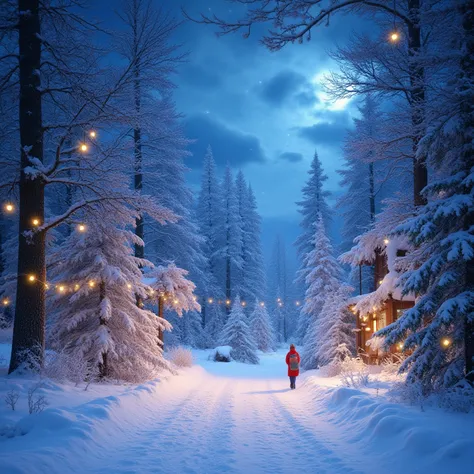 CREATE A FANTASTIC MAGICAL WINTER FOREST with falling shiny snow and lights without animals bright and colorful magical without ...