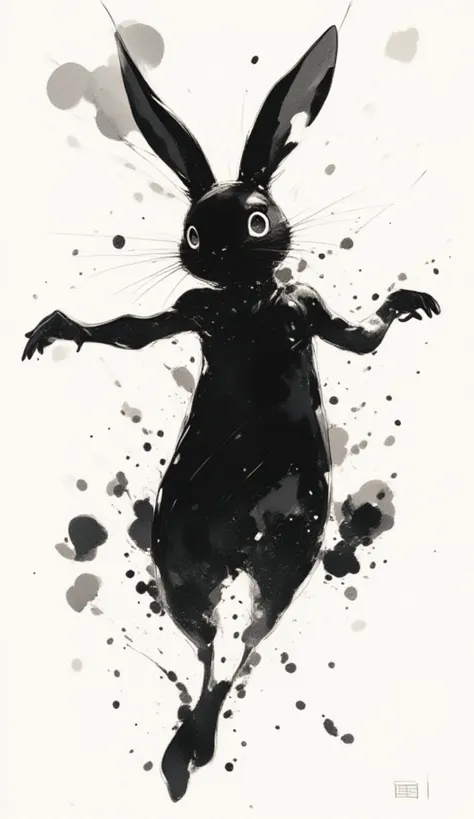 black、black、black、blackい背景、力強く勢いのあるblackい線画、blackの濃淡で表現する、A rabbit that jumps high、Realistic whole、high detail、High Quality、high...