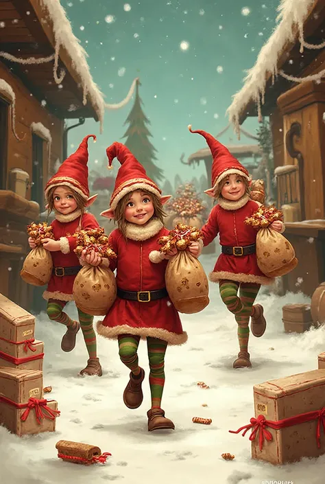 Gingerbread cookie-flavored twix is carried in bags by Santa Claus elves