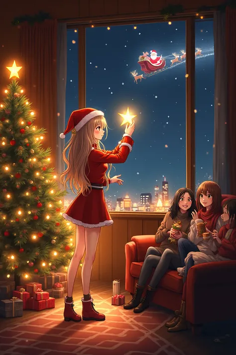 anime Christmas scene, cozy warm living room with glowing fireplace, soft golden lights. A sexy anime girl in a short festive ou...