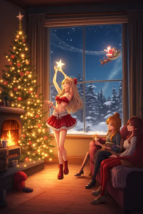 anime Christmas scene, cozy warm living room with glowing fireplace, soft golden lights. A sexy anime girl in a short festive ou...