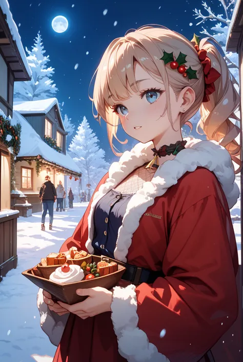 A girl who brought Santa Claus clothes on Christmas night、Her hair is light blue with white mesh、Stylish atmosphere at night、It'...
