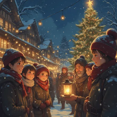 “Close-up view of villagers gathering in a snowy Christmas town square, anime fantasy style. Warm lantern light shines on their ...