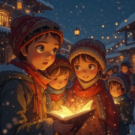 “Anime-style close-up of villagers singing carols outside during a winter festival. People huddled together with lanterns, color...