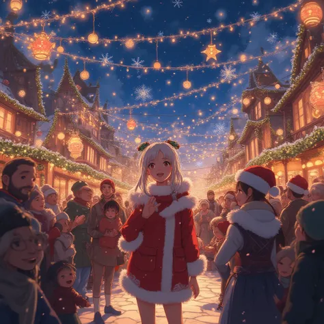 “Close-up anime fantasy scene of people gathering in a highly decorated Christmas town square. Strings of glowing ornaments, flo...