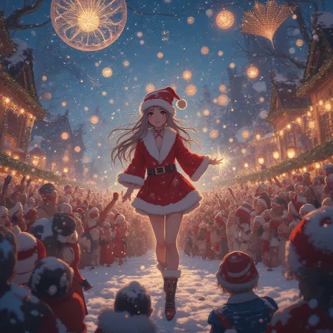 “Close-up anime fantasy scene of a female performer in a festive Santa-style outfit standing on a decorated stage surrounded by ...