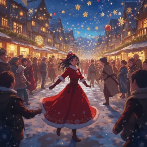 “Close-up anime fantasy view of villagers forming a lively dance circle in the town square, decorated with elaborate holiday lig...