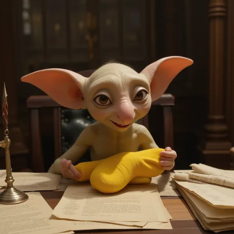 A grateful Dobby is at a table with a bunch of documents, holding a yellow pair of socks in his hands.