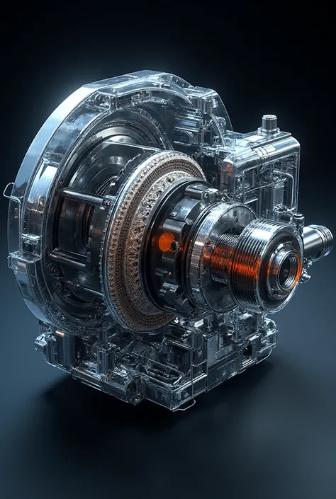Technical cross-section rendering of automotive dual-clutch transmission during the precise moment of torque handover between ge...