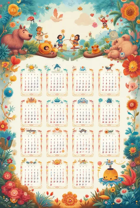 Calendar 2026, colorful, children's borders, horizontal, every month in a single poster.