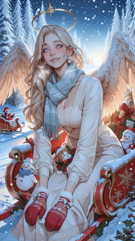 Una mujer adulta with aa linda, clumsy Christmas angel aesthetic. She is clearly an adult: mature facial proportions, Defined ja...