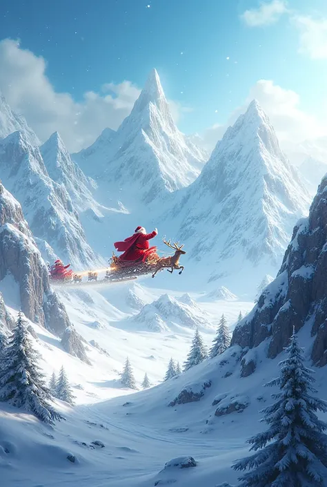 A landscape with snow mountains and flying Santa Claus