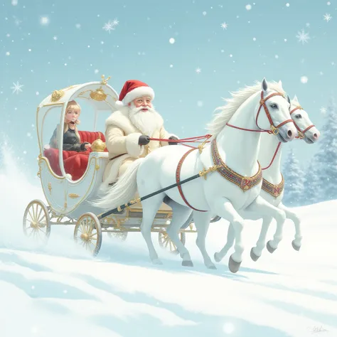 White Santa Claus in a white fur coat with a white beard rushes on a white team of horses in a white carriage, light illustratio...