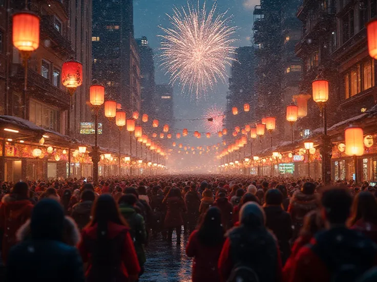 Crowded street full of people celebrating New Year, colorful lanterns, fireworks above, snow lightly falling, joyful mood, docum...