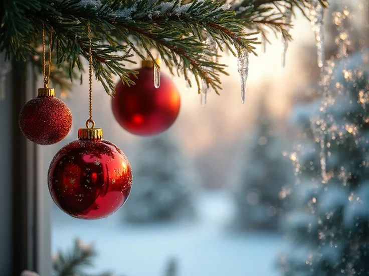 /imagine: Christmas ornaments hanging on a pine branch, close up, soft morning light, shimmering red and gold baubles, snowy bac...
