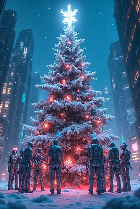 Futuristic christmas with robots and neon lights and christmas tree