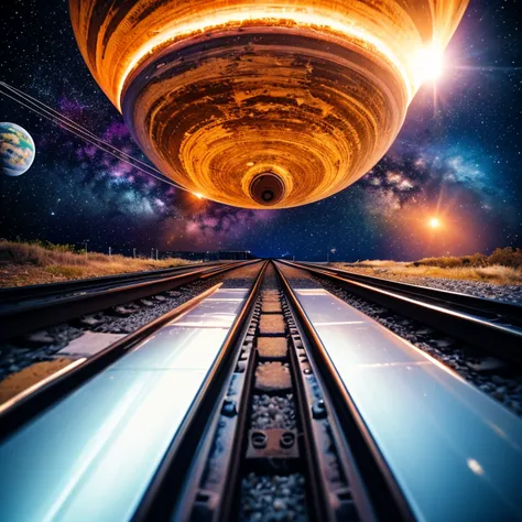 outer space、there are train rails in space、There are trains running in space、