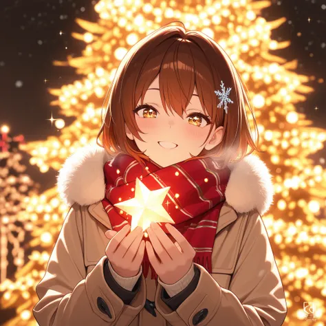 Christmas scene anime girl、 sparkling Christmas lights 、warm winter clothes 、 twinkling light ,(top quality,8k,High Resolution,m...