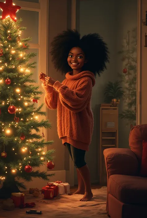 A black woman setting up a Christmas tree