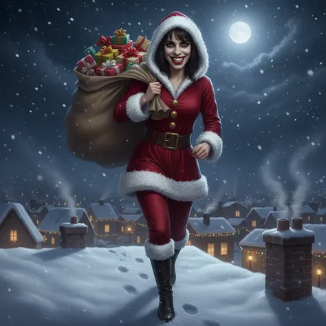 Christmas heroine OC character delivering Christmas presents on Christmas Eve night during the winter while wearing Santa’s clot...