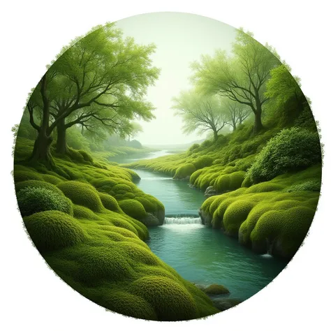 round continuous picture of nature from different moss with a river - on a white background
