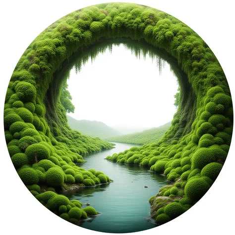 round continuous picture of nature from different moss with a river - on a white background