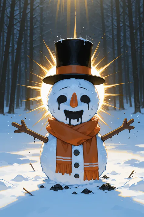 Snowman character with panic-stricken hilarious funny face, eyes wide open in shock, carrot nose falling off, coal mouth in scre...