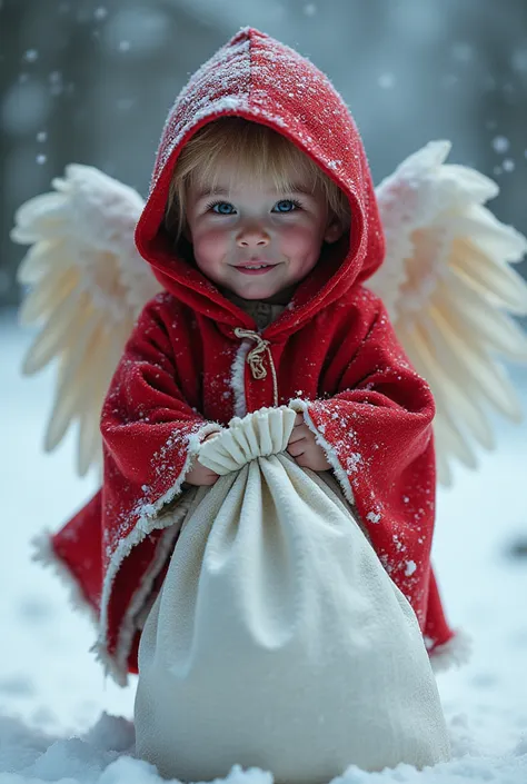 A child angel wearing a winter red Santa Claus costume and hood、Wrinkles on a wet cloth 、I'm wearing a hood、uses mysterious and...