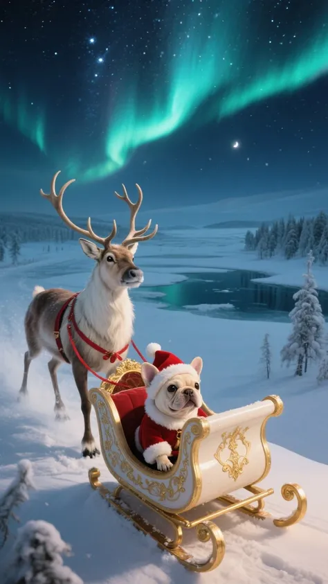 a mesmerizing, cinematic photograph of a regal reindeer, its velvety fur illuminated by the soft, ethereal glow of the aurora bo...