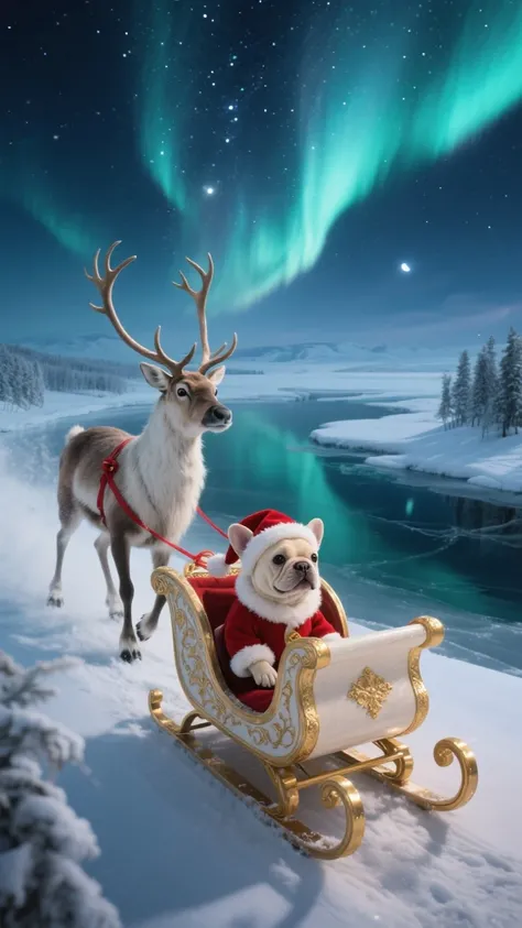 a mesmerizing, cinematic photograph of a regal reindeer, its velvety fur illuminated by the soft, ethereal glow of the aurora bo...