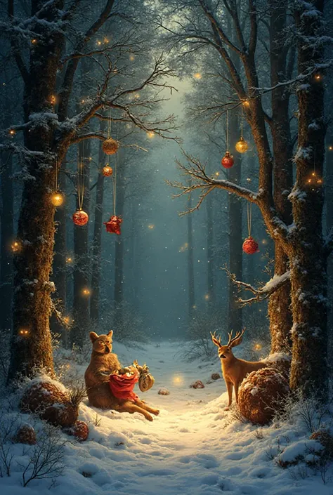 Christmas forest, all the trees decorated with shiny ornaments, trees have lighted, animals and birds feasting.
elegant intricat...