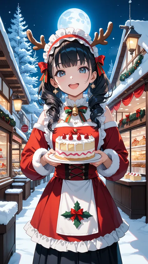 (傑作,最高品質,最高画質),japanesegirl,cuteface:1.3,cakeshop,Reindeer antlers,headdress,blackhair,blackeyes,fullmoon,underthemoon,moonlight...