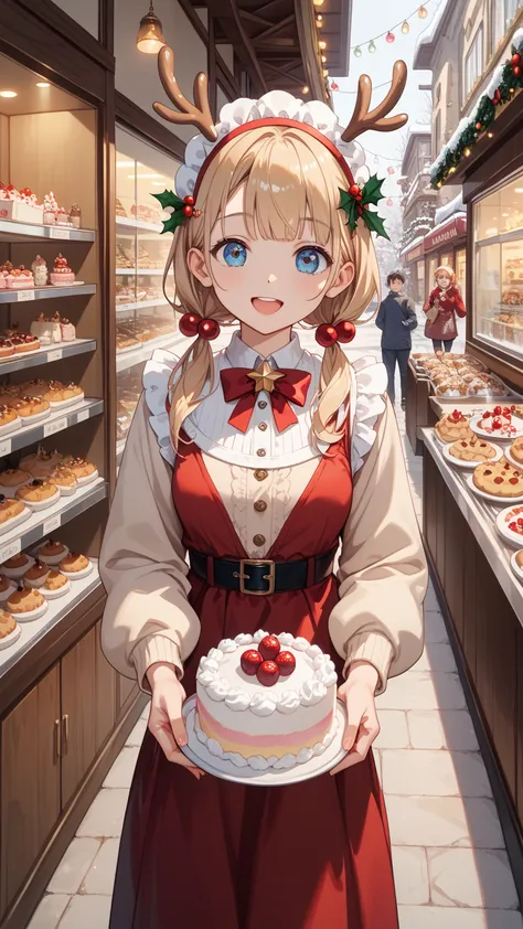 (傑作,最高品質,最高画質),girl,cuteface:1.3,cakeshop,Reindeer antlers,headdress,closeeyessmile,smile,openmouth,winter,snowtown,santacloth,X...