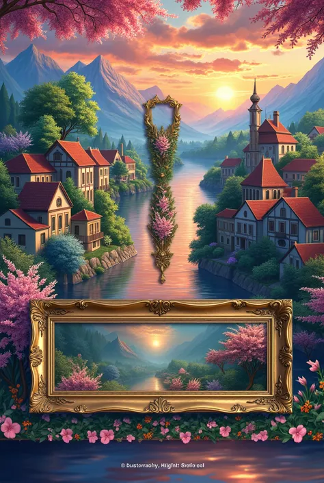 a small village by the river, mountains in the background, floral flowers colorful, detailed landscape, Beautiful natural landsc...